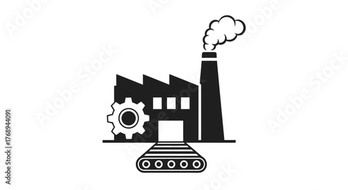 Industrial factory building with chimney and gears monochrome vector illustration