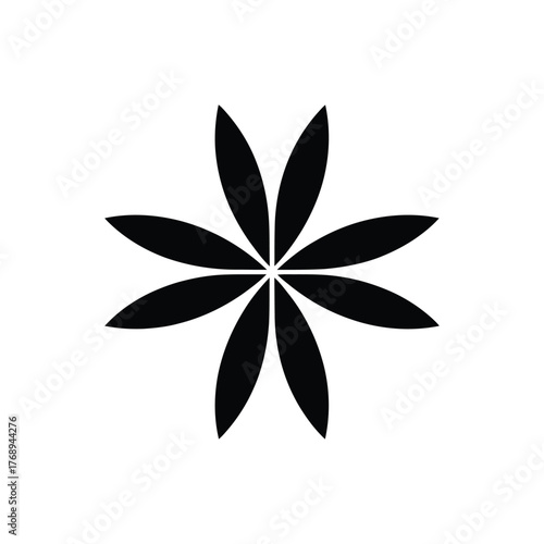 Circular Floral Shape with Eight Black Leaves on Transparent Background