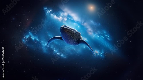 Glowing whale swims cosmic ocean, stars above planet Earth ; fantasy art background