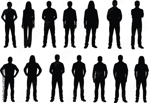Group of standing men and women silhouettes in casual outfit poses, cad drawing flat vector illustration