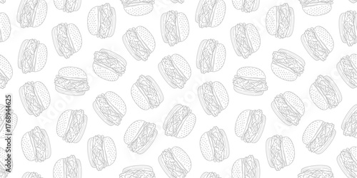 chicken burger pattern background. doodle fast food burger seamless pattern background. fried chicken burger pattern. Seamless Pattern of hamburger pattern.
