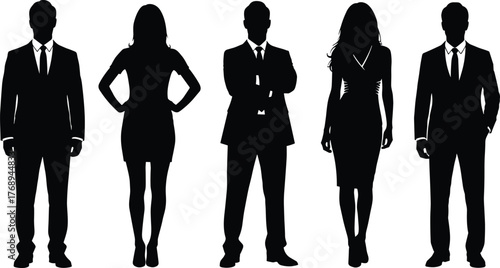 Business man and woman standing silhouettes in formal outfit poses, cad drawing flat vector illustration