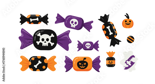 A vibrant collection of Halloween candies featuring spooky skull, bone, and jack-o'-lantern designs, perfect for festive decorations.