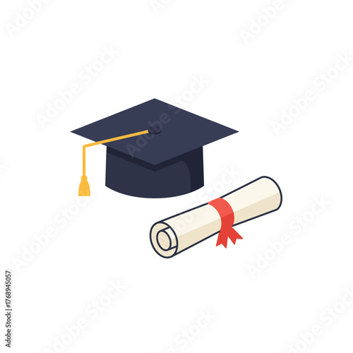 Flat Vector Graduation Cap and Diploma on White