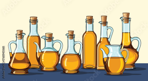 An assortment of glass bottles and pitchers filled with golden cooking oil, neatly arranged on a dark surface against a light background.