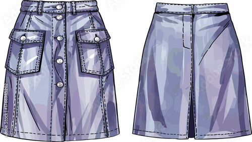 Purple satin skirt front back view, button down design, pocket detail, fashion flat sketch, garment template, cad drawing vector illustration