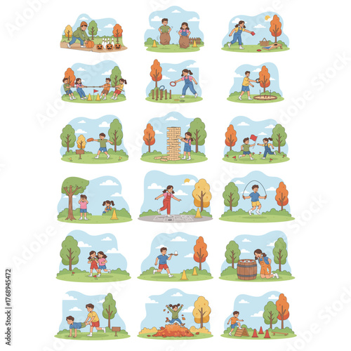 A big set of Outdoor Games illustrations featuring Apple Bobbing, Capture the Flag, Cornhole Game, Egg and Spoon Race, Frisbee Throw, designed in a colorful cartoon style on a white background