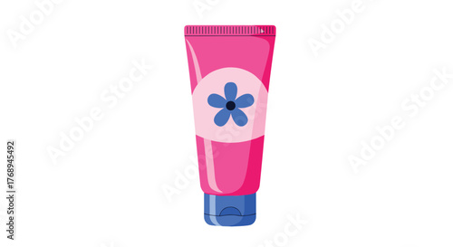 Vibrant pink cosmetic tube with a blue flower illustration and a blue flip-top cap, ideal for beauty and personal care products.