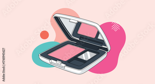 Stylish vector illustration of an open makeup compact containing pink blush and a mirror, set against a pastel abstract background.