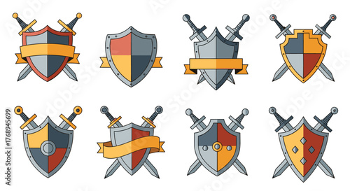 Collection of heraldic crests featuring cartoon-style shields and crossed swords, some with decorative banners, isolated on white background.
