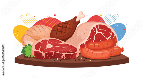 A collection of various fresh and cooked meat products, including steaks, chicken, and sausages, arranged on a wooden board for culinary purposes.