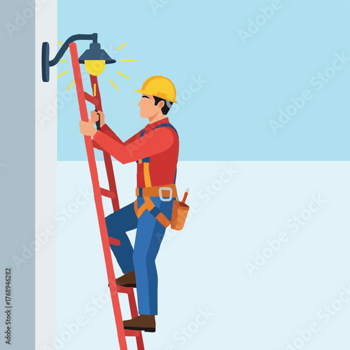 An electrician wearing a safety harness climbs a ladder to fix an outdoor light fixture, ensuring proper illumination.