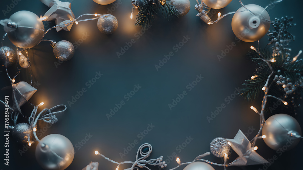 Fototapeta premium Christmas ornaments and fairy lights arranged in a circular frame on a dark background