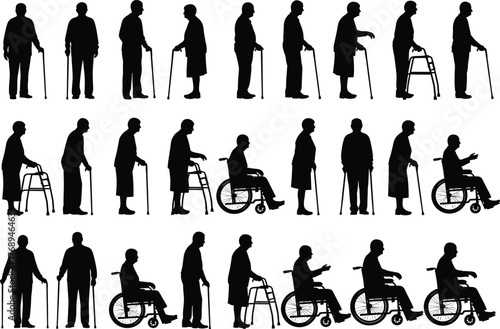 Elderly people silhouettes with cane walker and wheelchair mobility poses, cad drawing flat vector illustration