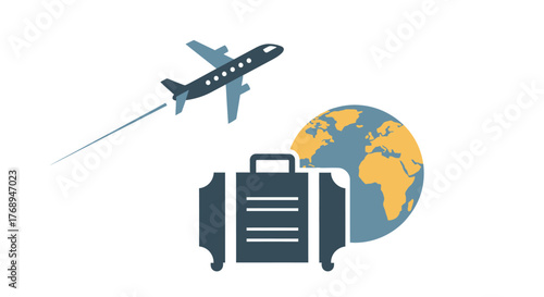 Airplane flying over suitcase and globe symbolizing global travel and vacation adventures destinations around the world isolated on white background