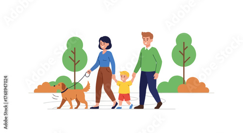 Happy family walking dog in park summer outdoor leisure activity parents child enjoying nature together with pet isolated on white background