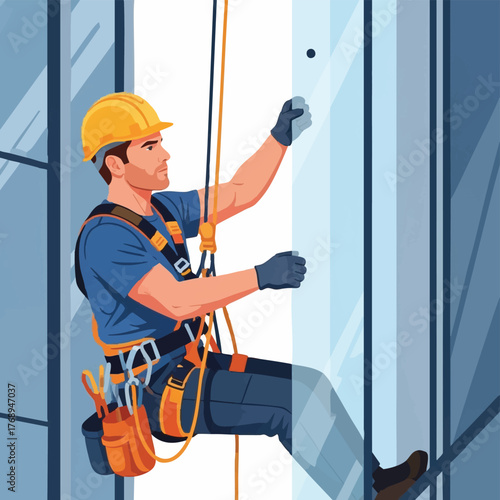 A construction worker wearing a safety harness and helmet cleans a high-rise building's glass facade, maintaining the structure's cleanliness and aesthetics.
