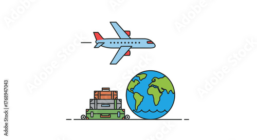 Airplane flying above stacked luggage and globe symbolizing global travel and vacation adventures isolated on white background