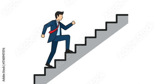 Successful businessman climbing stairs towards career growth opportunity and professional achievement abstract concept art business metaphor isolated on white background
