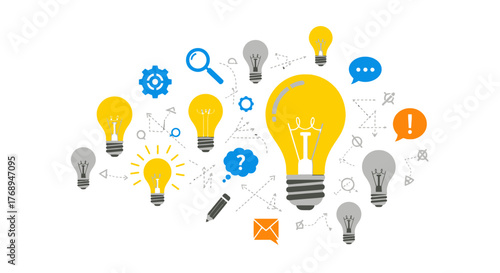 Bright ideas and innovation concept with many lightbulbs search magnifying glasses and gears symbolizing creativity and solutions isolated on white background
