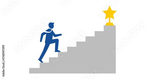 Business man ascending stairs towards a golden star symbol representing success achievement and career progression and goal attainment isolated on white background