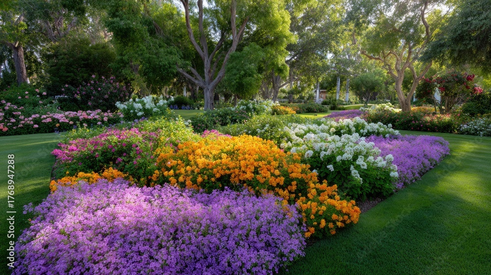 Obraz premium Vibrant Floral Garden with Colorful Blossoms and Lush Greenery in Sunny Daylight