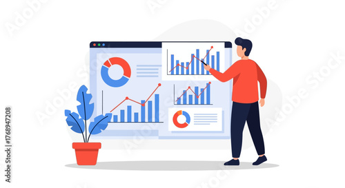 Business analyst presents financial data and charts on a large screen for strategic planning and growth analysis isolated on white background