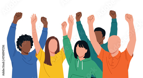 Diverse group of people celebrating success with raised hands unity and teamwork concept diverse backgrounds cheerful crowd empowered individuals isolated on white background