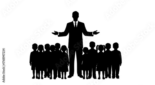 Silhouette of a confident leader addressing a gathered crowd symbolizing teamwork guidance and public speaking inspiration for business and corporate concepts isolated on white background