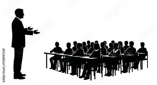 Silhouette of a speaker addressing an audience of students sitting at desks in a classroom or lecture hall isolated on white background