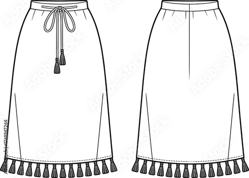 Vector illustration of A-line skirt with drawstring waistband, tassel hem, and side pockets for fashion design, garment construction, and style concept