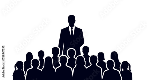 Visionary leader silhouetted standing tall above diverse crowd empowering teamwork success and business growth corporate concept isolated on white background