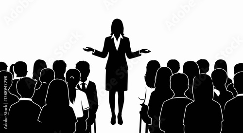 Empowering female speaker addresses diverse audience silhouettes capturing attention and engagement with gestures presenting ideas isolated on white background