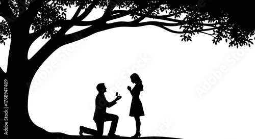Romantic silhouette couple under tree romantic proposal scene man kneeling offering ring to woman engagement wedding love isolated on white background