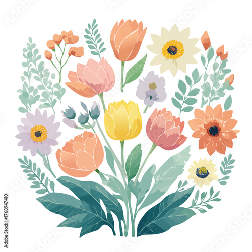 Wallpaper Mural Watercolor floral arrangement with tulips, daisies, and greenery in a circular design. Torontodigital.ca