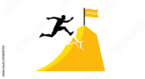 Silhouette of a determined person leaping across a vibrant yellow mountain peak towards a golden flag representing success and achievement isolated on white background