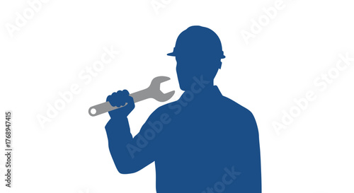 Silhouette of a skilled mechanic or tradesperson wearing a hard hat holding a wrench ready for repair and maintenance work isolated on white background