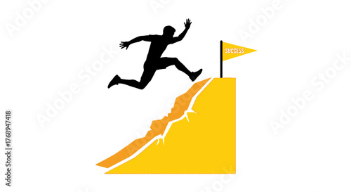 Silhouette of a determined person leaping across a vibrant golden staircase towards a waving flag symbolizing achievement and success at the summit. isolated on white background