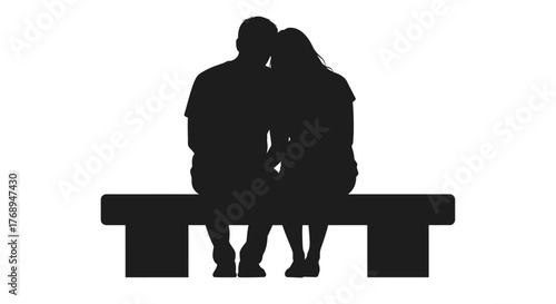 Silhouette of a romantic couple embracing affectionately sitting together on a park bench enjoying a quiet moment of love isolated on white background