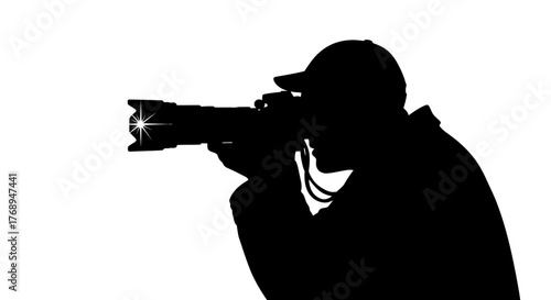 Silhouette of a photographer capturing a moment with a professional camera and telephoto lens outdoors isolated on white background