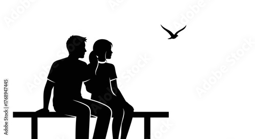 Silhouette couple sitting on a bench overlooking a vast expanse with a bird soaring in the sky representing freedom and contemplation isolated on white background