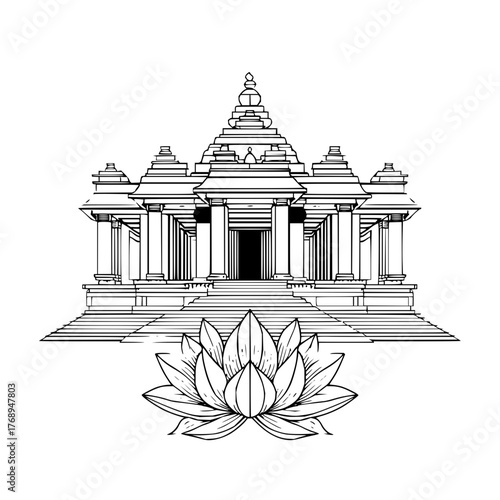 Detailed line art of a temple with multiple tiers and a lotus flower in the foreground illustration