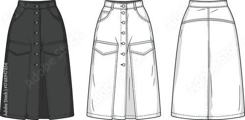 Vector illustration of button-front skirt with patch pockets, back yoke, and belt loops for fashion design, garment construction, and style concept