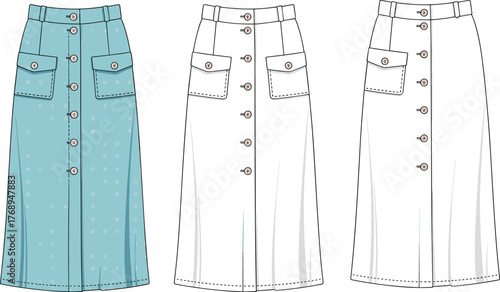 Vector illustration of button-front skirt with high waist, patch pockets, and topstitching for fashion design, sewing pattern, and garment construction