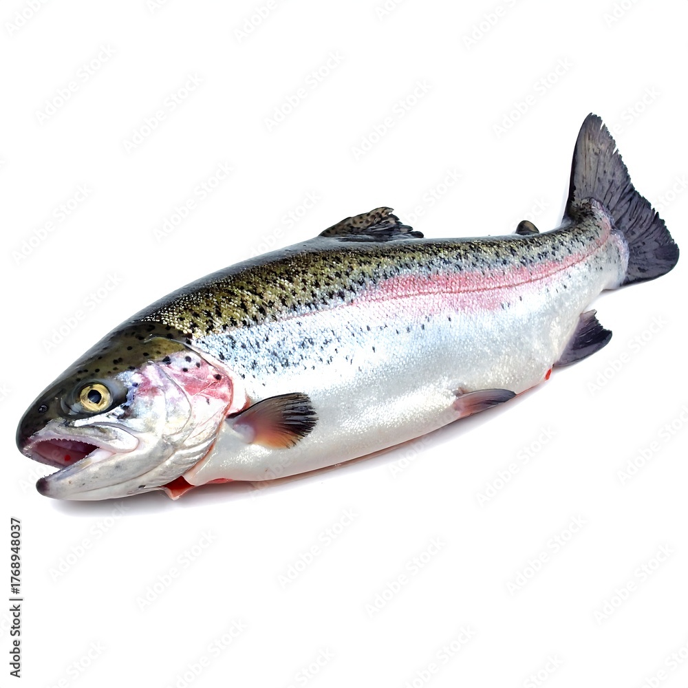 Naklejka premium A whole, fresh salmonid with iridescent scales and a distinct pink stripe