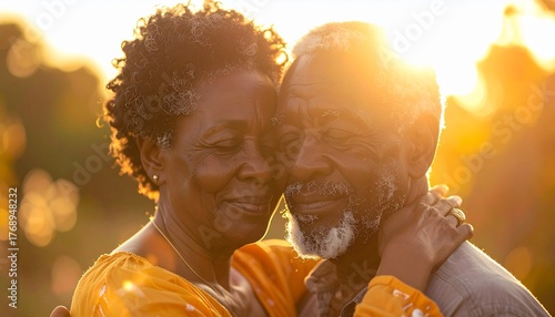 Elderly Couple Embracing in Warm Golden Hour Light