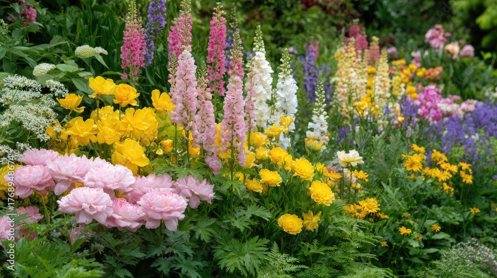Obraz premium Vibrant Garden Blooming with Colorful Flowers and Lush Green Foliage in a Serene Outdoor Setting