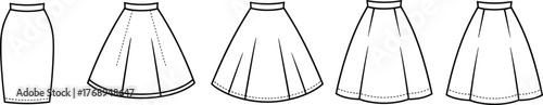 Vector illustration of five skirt silhouettes including pencil, A-line, pleated, and circle styles for fashion, garment, and clothing design