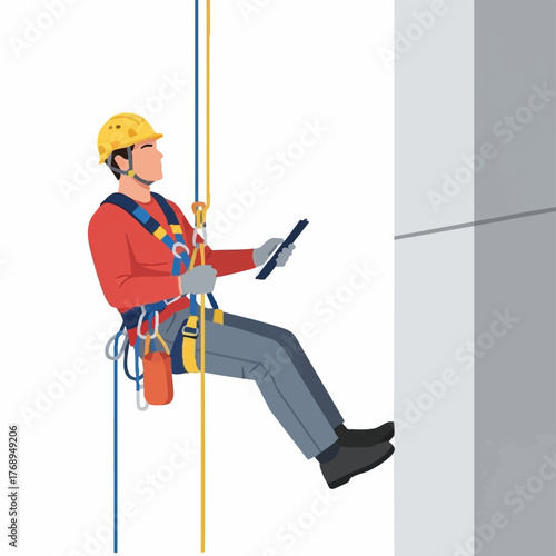 A construction worker wearing safety equipment rappels down a building, carefully checking a tablet for instructions and safety protocols during the descent.
