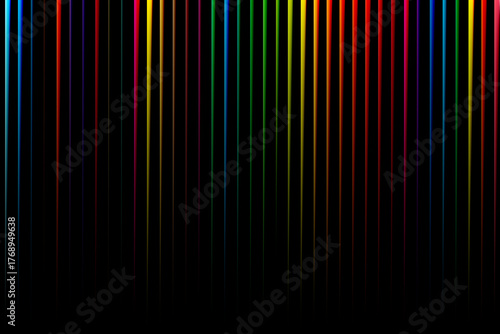 Dark Background with Glowing Neon Rainbow Vertical Lines and Dropping Light Trails